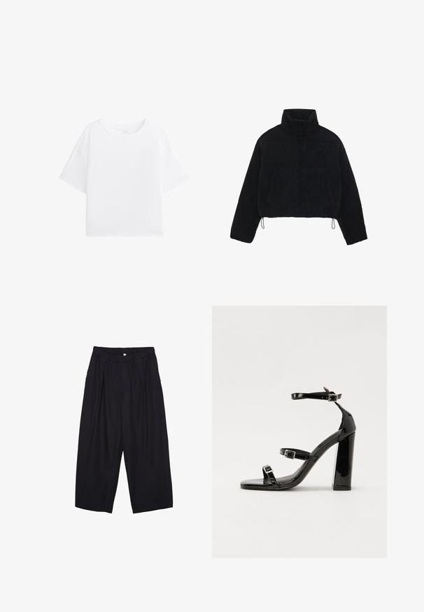 Černá kordurová zkrácená bunda s vysokým límcem, patentky a dvěma bočními kapsami. Obsahuje nastavitelnou šňůrku na lemu.; Bílá krátká tričko s krátkým rukávem a kulatým výstřihem, vyrobené z hladkého materiálu. Uvolněný střih a jednoduchý design bez vzorů či dalších detailů.; Černé polyesterové culotte kalhoty s elastickým pasem, dvěma předními sklady a volným siluetou. Žádné viditelné vzory ani kovové detaily.; Černé lakované sandály na podpatku se čtveratou špičkou, lýtkovými pásky a stříbrnými přezkami. Disponují masivním blokovým podpatkem pro stabilitu.