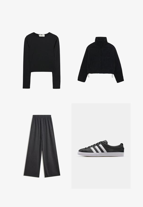 Czarna kurtka z kordurowego materiału o kroju cropped, z wysokim kołnierzem, zapięciami na napy i dwoma bocznymi kieszeniami. Posiada regulowany sznurek na dole.; Czarny długi rękaw crop top wykonany z lekkiego materiału, z okrągłym dekoltem i dopasowanym krojem, z czystymi szwami i bez ozdób.; Szerokie czarne spodnie wykonane z miękkiego materiału, z elastycznym pasem i kieszeniami bocznymi. Gładka faktura z czystymi szwami.; Czarny skórzany tenisówka z białym wzorem trzech pasków, okrągłym noskiem, płaską białą gumową podeszwą i detalem z logo po boku.