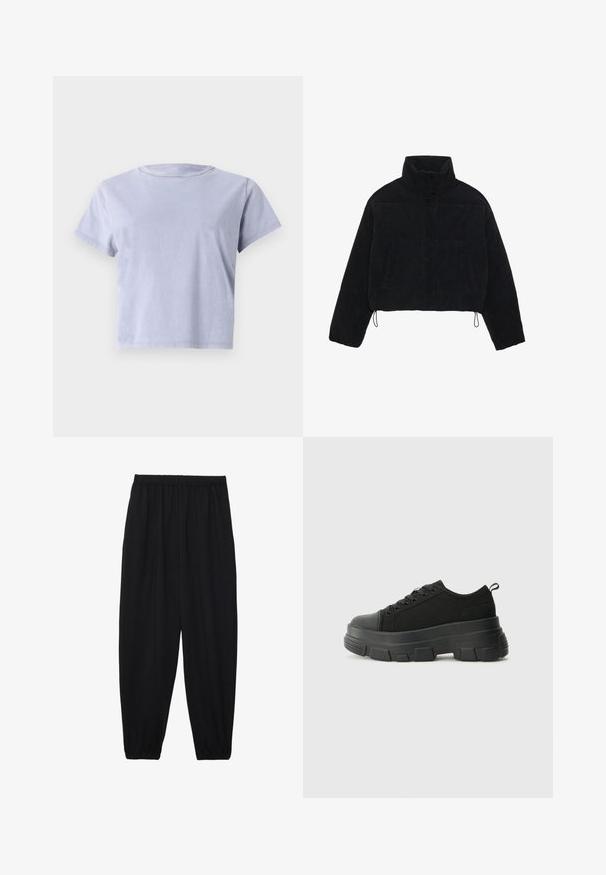 Czarna kurtka z kordurowego materiału o kroju cropped, z wysokim kołnierzem, zapięciami na napy i dwoma bocznymi kieszeniami. Posiada regulowany sznurek na dole.; Koszulka z krótkim rękawem, z okrągłym dekoltem w jasnym lawendowym kolorze. Wykonana z miękkiej bawełny, wyróżniająca się luźnym krojem i prostym wzornictwem, bez wzorów ani ozdób.; Czarne, lekkie spodnie z elastycznym pasem i ściągaczami na kostkach. Materiał jest gładki i ma luźny, zwężany krój.; Czarne sneakersy z masywną gumową podeszwą, teksturowaną górną częścią, okrągłym noskiem i sznurowanym zapięciem. Posiadają wzmocnione oczka i pętelkę z tyłu.