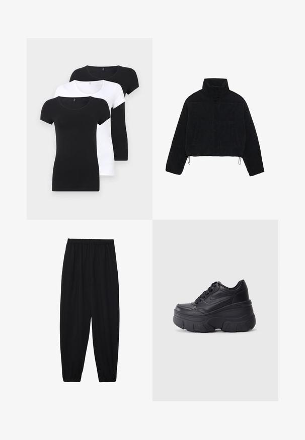 Casaco curto de veludo côr preto com colarinho alto, fechos de pressão e dois bolsos laterais. Apresenta um cordão ajustável na bainha.; Três camisetas com decote redondo: duas pretas de manga curta e uma branca de manga curta, feitas de tecido elástico.; Calças pretas, leves, com um cinto elástico e punhos franzidos. O tecido é suave e apresenta um design relaxado e afunilado.; Ténis pretos com atacadores e sola robusta, apresentando um cabedal em couro liso, bico arredondado e um design de plataforma em camadas distinto.