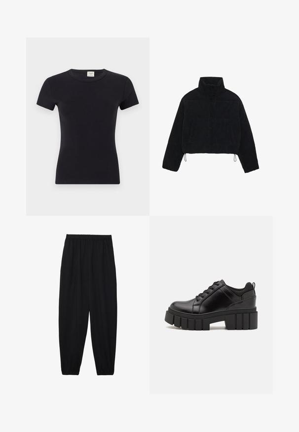 Jachetă scurtă din catifea neagră, cu guler înalt, capse și două buzunare laterale. Are un șnur ajustabil la tiv.; Tricou negru cu mânecă scurtă, dintr-un material moale și elastic, cu un gât rotund clasic și o siluetă ajustată, potrivit pentru straturi sau pentru purtare casuală.; Pantaloni negri, ușori, cu un brâu elastic și tivuri strânse. Materialul este neted și are un design relaxat, conic.; Pantofi cu talpă plată din piele neagră, cu toc gros, vârf rotund și design tradițional cu șireturi. Prezintă o textură netedă și detalii minime.