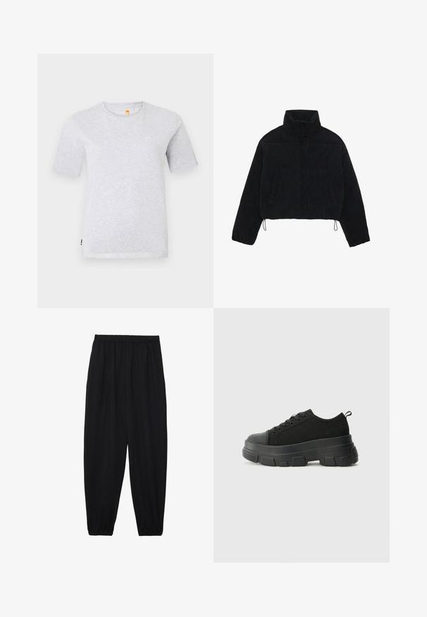 Melna korduroja īsa jaka ar augstu apkakli, spiedpogu aizdari un divām sānu kabatām. Iekļauts regulējams aukla apakšmalā.; Pelēks īsām piedurknēm T-krekls, izgatavots no maigas džersija auduma, ar apaļu kakla izgriezumu un mazu logo uz krūtīm. Vienkāršs, minimālisma dizains.; Melnas, vieglas bikses ar elastīgu jostu un savilktiem potītiem. Audums ir gluds un to raksturo brīva, sašaurināta forma.; Melnas kedas ar masīvu gumijas zoli, teksturētu auduma augšdaļu, apaļu purngalu un saistīšanas dizainu. Iekļautas pastiprinātas acs atveres un aizmugurējais cilpiņas siksniņa.
