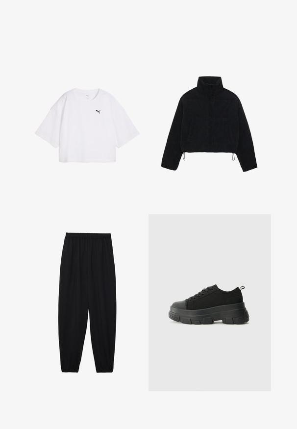 Černá kordurová zkrácená bunda s vysokým límcem, patentky a dvěma bočními kapsami. Obsahuje nastavitelnou šňůrku na lemu.; Bílý zkrácený tričko vyrobené z bavlny. Má kulatý výstřih a volné krátké rukávy. Černé logo Puma na levé straně hrudi.; Černé, lehké kalhoty s elastickým pasem a nařasenými kotníky. Tkanina je hladká a má uvolněný, zúžený design.; Černé tenisky s robustní gumovou podrážkou, vrchní část z texturované tkaniny, kulatá špička a šněrovací design. Obsahují zesílené okraje pro tkaničky a poutko na zadní straně.