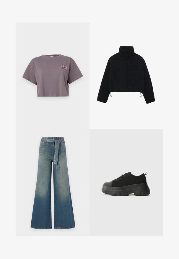 Chaqueta de pana negra cortada con un cuello alto, cierres a presión y dos bolsillos laterales. Presenta un cordón ajustable en el dobladillo.; Camiseta gris recortada de algodón. Presenta un cuello redondo y mangas cortas. En el lado izquierdo del frente tiene el logo de texto colorido "OZZY OSBOURNE".; Pantalones de mezclilla de pierna ancha con un degradado de azul claro a oscuro, cintura alta, trabillas para cinturón y un cinturón de tela a juego. Acabado de mezclilla texturizada.; Zapatillas negras con suela de goma gruesa, parte superior de tela texturizada, punta redonda y diseño con cordones. Presenta ojales reforzados y tirador en la parte trasera.