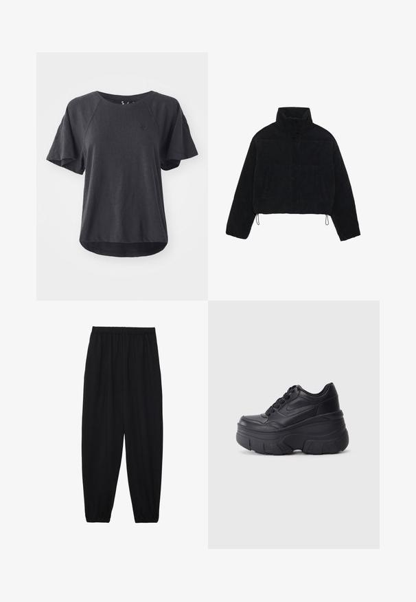 Schwarze Cordjacke mit Cropped-Schnitt, hohem Kragen, Druckknöpfen und zwei Seitentaschen. Verfügt über einen verstellbaren Kordelzug am Saum.; Schwarzes T-Shirt aus weichem Stoff, mit rundem Ausschnitt, kurzen Raglanärmeln und einem abgerundeten Saum. Kleines Logo auf der Brust.; Schwarze, leichte Hosen mit einem elastischen Bund und gerafften Knöcheln. Der Stoff ist glatt und hat ein entspanntes, schmal zulaufendes Design.; Schwarze Schnürsneaker mit einer klobigen Sohle, ausgestattet mit einem glatten Leder-Obermaterial, runder Zehenpartie und markantem, geschichteten Plattformdesign.