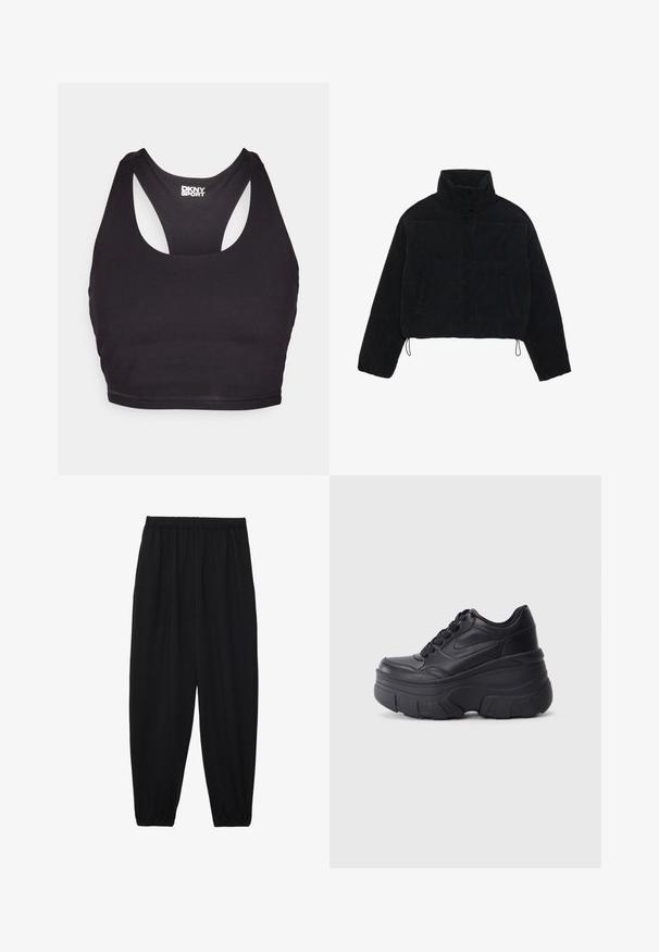 Mustmust kootud lühikeses jopes kõrge kaelusega, nupuvajutustega kinnitused ja kaks külgtaskut. Erakordne omadus on reguleeritav nöörike hemil.; Mustrine spordirinnahoidja, mis on valmistatud siledast kangast, koos racerback disaini ja ümarate kaelustega, taga on väike logo.; Mustad, kerge kangas püksid elastse vöökoha ja kokku volditud pahkluudega. Kanga pind on sile ja disain on lõdvestunud, kitsenev.; Mustad mustaga värvi kingad, millel on paks tald, sile nahk peals, ümar nina ja eristuva kihilise platvormi disain.