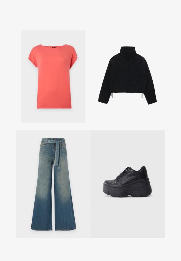 Mustmust kootud lühikeses jopes kõrge kaelusega, nupuvajutustega kinnitused ja kaks külgtaskut. Erakordne omadus on reguleeritav nöörike hemil.; Koral lühikeste varrukatega t-särk, lõdva istuvusega, ümmarguse kaelusega ja siledast materjalist. Ilma nähtavate mustrite või metalldetailideta.; Laiad denimpüksid, millel on hele tume sinine gradiendiefekt, kõrge vöökoht, vöökumlid ja sobivast kangast vöö. Struktureeritud denimi viimistlus.; Mustad mustaga värvi kingad, millel on paks tald, sile nahk peals, ümar nina ja eristuva kihilise platvormi disain.