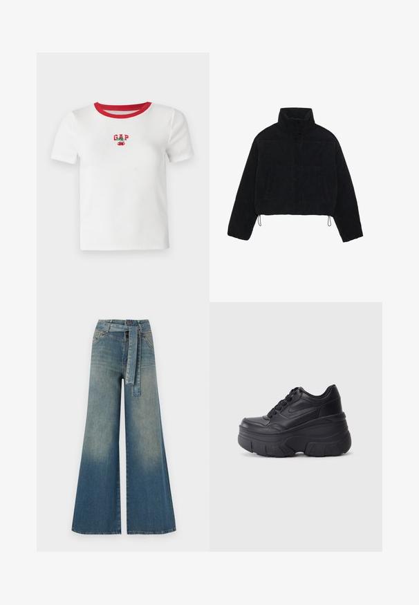 Černá kordurová zkrácená bunda s vysokým límcem, patentky a dvěma bočními kapsami. Obsahuje nastavitelnou šňůrku na lemu.; Bílé tričko s krátkým rukávem a červeným žebrovaným límečkem, na přední straně s vyšívaným textem "GAP" a designem třešně. Vyrobeno z žebrované tkaniny.; Džínové kalhoty širokého střihu s přechodem od světlé k tmavě modré, vysokým pasem, poutky na opasek a odpovídajícím opaskem ze stejného materiálu. Texturovaná džínovina.; Černé šněrovací tenisky s robustní podrážkou, s hladkým koženým svrškem, zaoblenou špičkou a výrazným vrstveným designem platformy.