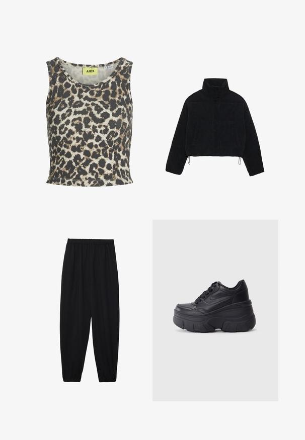 Fekete kordbársony cropped dzseki magas gallérral, patentgombokkal és két oldalsó zsebbel. Az alján állítható zsinór található.; Leopárd mintás, bordázott anyagú ujjatlan topp, kerek nyakkivágással. Színpalettája bézs, barna és fekete árnyalatokat tartalmaz.; Fekete, könnyű nadrág elasztikus derékkal és ráncolt bokákkal. Az anyag sima és laza, szűkített dizájnnal rendelkezik.; Fekete fűzős sportcipők vastag talppal, sima bőrből készült felső résszel, kerek orral és jellegzetes, réteges platform dizájnnal.