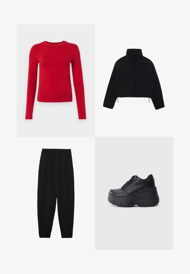 Zwarte corduroy cropped jas met een hoge kraag, drukknoopsluiting en twee zijzakken. Voorzien van een verstelbare trekkoord aan de zoom.; Rode lange mouw top gemaakt van rekbaar materiaal, met een ronde halslijn en een getailleerde pasvorm. Soepele textuur zonder zichtbare patronen.; Zwarte, lichte broek met een elastische tailleband en gathered enkels. De stof is glad en heeft een ontspannen, taps toelopend ontwerp.; Zwarte vetersneakers met een dikke zool, voorzien van een bovenwerk van soepel leer, een ronde neus en een herkenbaar gelaagd platformontwerp.