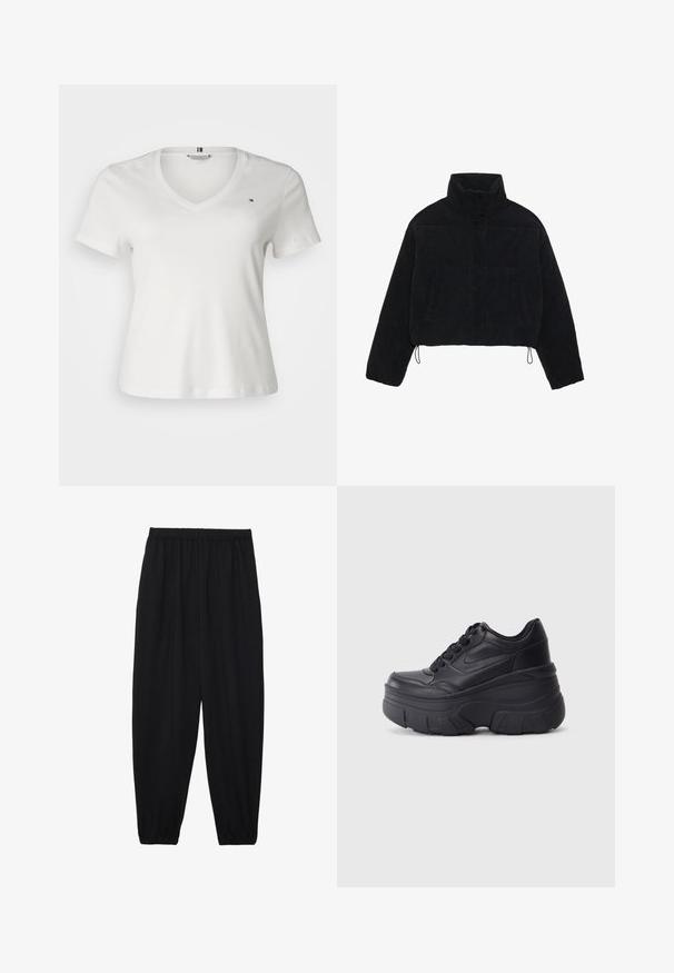 Svart corduroy cropped jakke med høy krage, trykknapper og to sidelommer. Har justerbar snøring i kanten.; Tommy Hilfiger Curve SLIM CODY - T-shirts - ecru; Svarte, lette bukser med elastisk liv og rynkede ankler. Stoffet er glatt og har en avslappet, innsvingt design.; Sorte snøresko med tykk såle, med et glatt læroverdel, rund tå og distinkt lagdelt plattformdesign.