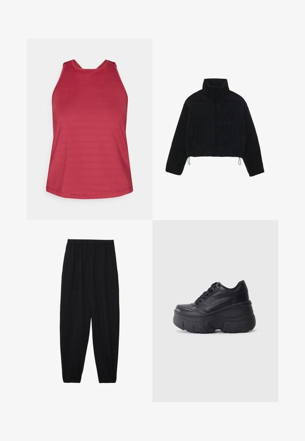 Crna krojena baršunasta jakna s visokim ovratnikom, kopčanjem na drukere i dva bočna džepa. Ima podesivu vezicu na rubu.; Crvena bez rukava atletska majica s visokim izrezom i mrežastim panelima na ramenima, dizajnirana za žene.; Crne, lagane hlače s elastičnom stražnjom pasicom i naboranim gležnjevima. Tkanina je glatka i ima opušteni, suženi dizajn.; Crne tenisice na vezanje s debelim potplatom, koje imaju glatku kožnu gornju stranu, zaobljeni vrh i izražen slojeviti dizajn platforme.