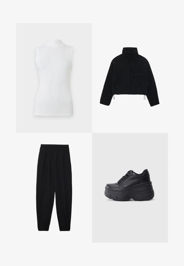 Musta corduroy-tyylinen lyhyt takki, jossa on korkea kaulus, nepparikiinnitys ja kaksi sivutaskua. Takissa on säädettävä nyöri helmassa.; Hihaton valkoinen mock neck -paita, jossa on tiukka muoto ja sileä kangas vaaleaa taustaa vasten.; Mustat, kevyet housut, joissa on joustava vyötärö ja kerätyt nilkat. Kangas on sileä ja siinä on rento, kapeneva muotoilu.; Musta nauhallinen lenkkarit, joissa on paksu pohja, ja jotka sisältävät sileästä nahasta valmistetun yläosan, pyöreän kärjen ja erottuvan kerroksittain muotoillun pohjan.