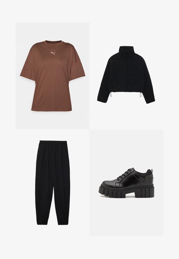 Svart corduroy cropped jakke med høy krage, trykknapper og to sidelommer. Har justerbar snøring i kanten.; Brun kortermet T-skjorte laget av mykt stoff med rund hals og en liten hvit Puma-logo på brystet.; Svarte, lette bukser med elastisk liv og rynkede ankler. Stoffet er glatt og har en avslappet, innsvingt design.; Svarte lærplattformsko med kraftig blokkhell, rund tå og tradisjonell snøring. Har en jevn tekstur og minimal detaljering.