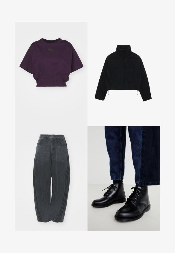 Melna korduroja īsa jaka ar augstu apkakli, spiedpogu aizdari un divām sānu kabatām. Iekļauts regulējams aukla apakšmalā.; Alpha Industries Apdrukāts T-krekls - plum; Lielas melnas džinsu bikses ar izbalējušu apdari, piecām kabatām, vidukļa pogu aizdari un izšuvumiem priekšpusē un sānos.; Melnas ādas potītes zābaki ar apaļiem purngaliem, ar auklām un metāla acīm. Valkāti ar tumši zilām džinsu biksēm, ar taisna griezuma formu.