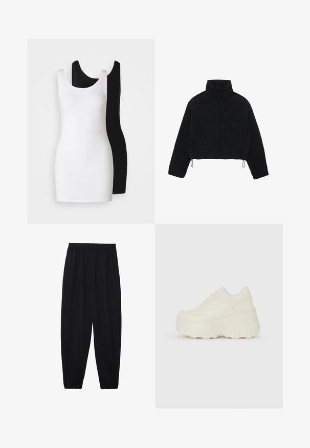 Zwarte corduroy cropped jas met een hoge kraag, drukknoopsluiting en twee zijzakken. Voorzien van een verstelbare trekkoord aan de zoom.; Twee mouwloze tanktops: één witte en één zwarte, gemaakt van zachte, rekbare stof met een ronde halslijn en een aansluitende pasvorm.; Zwarte, lichte broek met een elastische tailleband en gathered enkels. De stof is glad en heeft een ontspannen, taps toelopend ontwerp.; Witte platform sneakers met een gladde leren bovenkant, afgeronde vorm, gewatteerde kraag en een gestructureerde rubberen zool met duidelijke profiel.