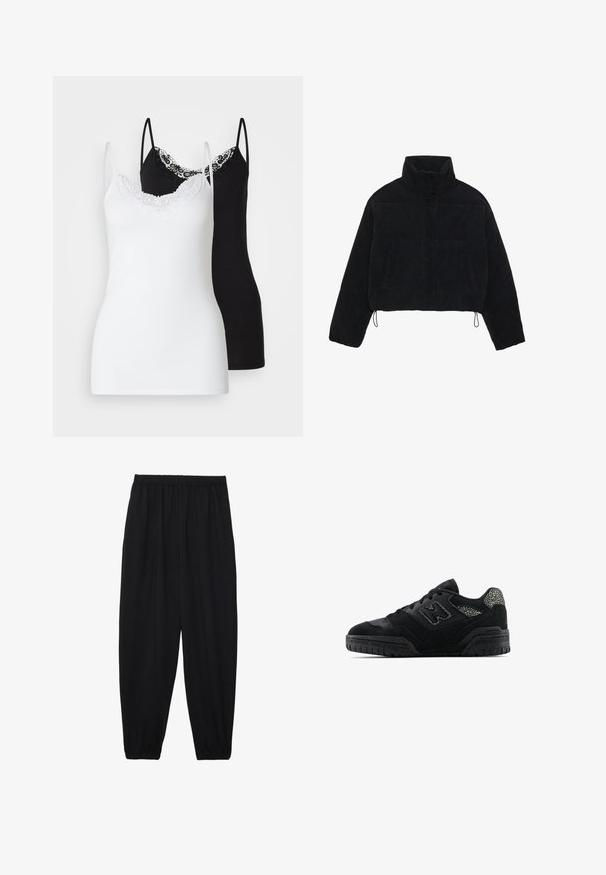 Chaqueta de pana negra cortada con un cuello alto, cierres a presión y dos bolsillos laterales. Presenta un cordón ajustable en el dobladillo.; Dos camisetas de tirantes para mujer: una en blanco con detalles de encaje, la otra en negro con acentos de encaje, ambas con finas tiras ajustables.; Pantalones negros, ligeros, con cintura elástica y tobillos fruncidos. La tela es suave y presenta un diseño relajado y ajustado.; Zapatilla negra de perfil bajo con suela texturizada, diseño de cordones, paneles de gamuza y acentos con patrón en el talón y el logo lateral.