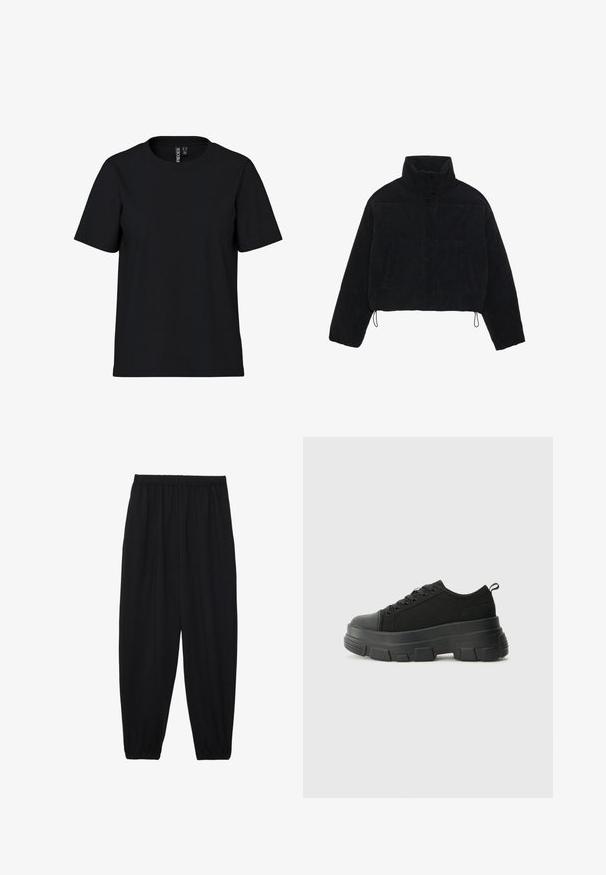 Černá kordurová zkrácená bunda s vysokým límcem, patentky a dvěma bočními kapsami. Obsahuje nastavitelnou šňůrku na lemu.; Černé tričko s krátkým rukávem vyrobené z měkké látky s kulatým výstřihem. Jednoduchý design bez vzorů nebo akcentů, rovný střih u dolního lemu.; Černé, lehké kalhoty s elastickým pasem a nařasenými kotníky. Tkanina je hladká a má uvolněný, zúžený design.; Černé tenisky s robustní gumovou podrážkou, vrchní část z texturované tkaniny, kulatá špička a šněrovací design. Obsahují zesílené okraje pro tkaničky a poutko na zadní straně.