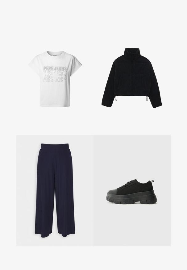 Chaqueta de pana negra cortada con un cuello alto, cierres a presión y dos bolsillos laterales. Presenta un cordón ajustable en el dobladillo.; Camiseta cropped de algodón blanco con hombros caídos, que presenta un estampado texturizado del nombre de la marca "Pepe Jeans" en varios tamaños.; Pantalones de pierna ancha en tejido de un oscuro color navy con una textura acanalada. Presenta una cinturilla suave y una silueta fluida, llegando a la altura de las pantorrillas.; Zapatillas negras con suela de goma gruesa, parte superior de tela texturizada, punta redonda y diseño con cordones. Presenta ojales reforzados y tirador en la parte trasera.
