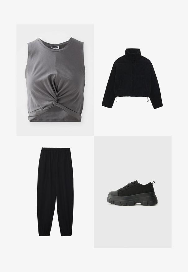 Zwarte corduroy cropped jas met een hoge kraag, drukknoopsluiting en twee zijzakken. Voorzien van een verstelbare trekkoord aan de zoom.; Grijze mouwloze crop top van zacht katoen, met een gedraaide voorkant en een aansluitend ontwerp. Gladde textuur met een ronde halslijn.; Zwarte, lichte broek met een elastische tailleband en gathered enkels. De stof is glad en heeft een ontspannen, taps toelopend ontwerp.; Zwarte sneakers met een stevige rubberen zool, textiel bovenwerk, ronde neus en vetersluiting. Beschikt over versterkte oogjes en een trekstrip aan de achterkant.