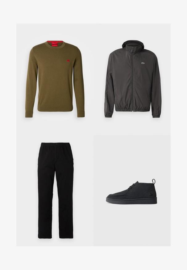 Musta kevyt takki hupulla, elastisilla hihansuilla ja vetoketjukiinnityksellä. Sisältää pienen brodeeratun logon vasemmassa rinnassa. Sileä rakenne.; Oliivinvihreä neulepaita pehmeästä neuloksesta. Varusteena pyöreä pääntie, ribbitetyt hihansuut ja pieni punainen logopatchi rinnassa.; Mustat housut, jotka on valmistettu puuvilla-sekoitekankaasta, suoran mallin, joustavan vyötärönauhan ja napin kanssa, ilman näkyviä kuvioita tai yksityiskohtia.; Mustat mokka nauhalla suljettavat nilkkasaappaat, joissa on vetotappi ja teksturoitu pohja, sekä pieni kohokuvioitu krokotiililogo sivulla.