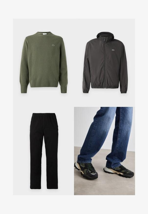 Casaco leve preto com capuz, punhos elásticos e fechamento com zíper na frente. Possui um pequeno logotipo bordado no lado esquerdo do peito. Textura suave.; Pulôver tricotado verde-azeitona com decote redondo, punhos e barra canelados, apresentando um pequeno logótipo bordado no lado esquerdo do peito.; Calças pretas feitas de um tecido de algodão misto, com corte reto, cintura elástica com botão e sem padrões ou detalhes visíveis.; Sapatilhas verdes e pretas com sobreposições texturizadas e uma sola robusta, combinadas com jeans de pernas retas azul-escuro, em um fundo neutro.