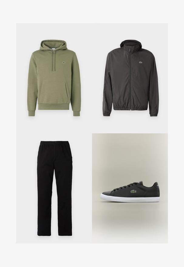 Svart lättviktsjacka med huva, elastiska ärmslut och dragkedja fram. Har en liten broderad logotyp på vänster bröst. Slät textur.; Olivgrön huvtröja i bomullsblandning. Har en känguruficka, dragskohette och en liten broderad logotyp på bröstet.; Svarta byxor i en blandning av bomull, med rak passform, elastisk midja med knapp och utan synliga mönster eller accenter.; Svarta lädersneakers med vit gummisula, med en grön krokodil-logotyp och runda snörningar, slankt design med slät textur.