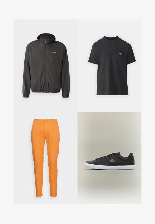 Casaco leve preto com capuz, punhos elásticos e fechamento com zíper na frente. Possui um pequeno logotipo bordado no lado esquerdo do peito. Textura suave.; Camiseta de algodão preta com mangas curtas, decote redondo e um pequeno logo verde no bolso do peito esquerdo. Design simples, corte regular.; Levi's® XX CHINO SLIM II - Chinos - golden oak; Tênis de couro preto com sola de borracha branca, apresentando um logotipo de crocodilo verde e cadarços redondos, design elegante com textura suave.