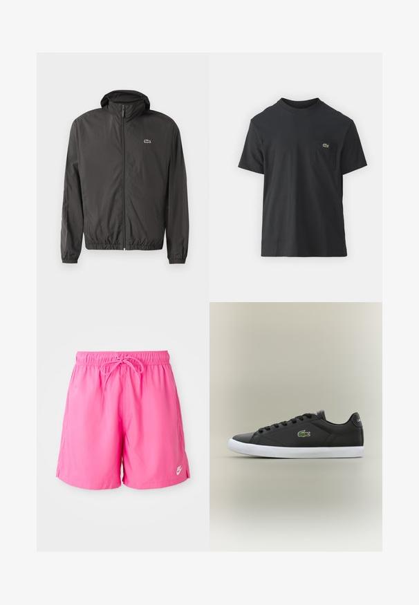 Melnā vieglā jaka ar kapuci, elastīgiem piedurkņu galiem un rāvējslēdzēja priekšpusi. Ar mazu izšūtu logotipu uz kreisās krūts. Gluda tekstūra.; Melnas kokvilnas T-krekls ar īsām piedurknēm, apaļu kakla izgriezumu un mazu zaļu logotipu kreisajā krūšu kabatē. Vienkāršs dizains, regulāra piegriezuma.; Rozā sporta šorti ar elastīgu jostu un auklu. Izgatavoti no viegla materiāla, ar sāniem šķēlumiem un nelielu logotipa detaļu.; Melnas ādas sporta apavas ar baltu gumijas zoli, rotāts ar zaļu krokodila logotipu un apaļām šņorēm, elegants dizains ar gludu tekstūru.