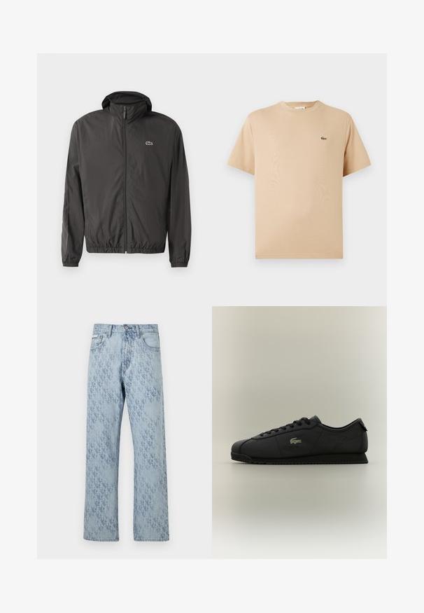 Casaco leve preto com capuz, punhos elásticos e fechamento com zíper na frente. Possui um pequeno logotipo bordado no lado esquerdo do peito. Textura suave.; T-shirt de algodão bege com gola redonda e mangas curtas; apresenta um pequeno logótipo de um crocodilo verde bordado do lado esquerdo.; Jeans de ganga azul claro com um padrão tonal subtil. Apresenta um design de perna reta e passantes de cinto padrão. Estilo clássico de cinco bolsos.; Sapatilha preta de cano baixo com atacadores na frente, sola texturizada e logotipo dourado de crocodilo na lateral.