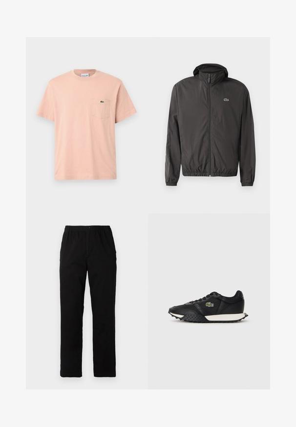Black lightweight jacket with a hood, elastic cuffs, and a zip front. Features a small embroidered logo on the left chest. Smooth texture.; Pale pink cotton t-shirt with a round neckline, short sleeves, and a left chest pocket featuring a green Lacoste logo.; Black pants made of cotton blend fabric, featuring a straight cut, elastic waistband with button, and no visible patterns or accents.; Black sneakers with a smooth leather finish, featuring a textured rubber sole, white midsole, and a green embroidered logo on the side.