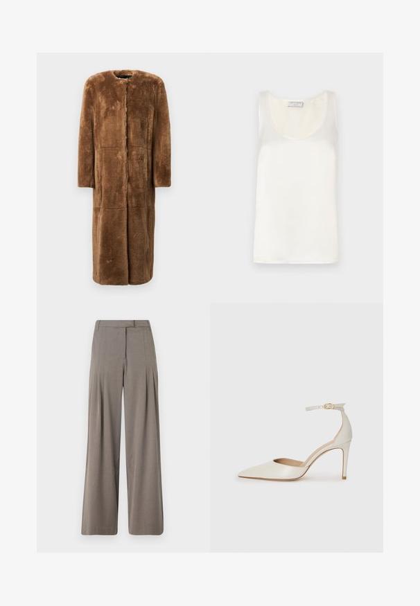 Rjav plašč iz umetnega krzna, do kolen, ravno silhueto, okroglo ovratnico, dolge rokave in brezšivne panele z mehak, teksturiran zaključek.; Bela satenska brezrokavna majica z okroglim ovratnikom in gladko teksturo, z rahlim leskom in čistimi robovi.; Hlače s širokimi nogavicami v svetlo rjavi tkanini, ki vključujejo pregibe, ravno sprednjo stran in čiste robove. Gladka tekstura s subtilnim leskom.; Bela usnjena čevlja na visoki peti z ozkim prstom, trakom okoli gležnja in tanko stiletto peto. Gladka tekstura z rahlim sijočim finišem.