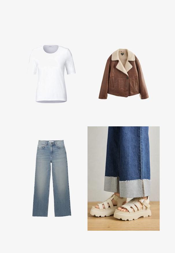 Bruine leren jack met een beige schapenvacht kraag, lange mouwen, knoopsluiting en twee voorzakken. Zachte textuur met een warme uitstraling.; Witte ronde hals t-shirt met korte mouwen, gemaakt van zachte katoen. Glad textuur, eenvoudig ontwerp en een rechte zoom. Merklabel zichtbaar.; Lichtblauwe wijdleg jeans van denim, met een hoge taille, voorzakken en een knoopsluiting. Soepele textuur met vervaagde gebieden.; Beige platform sandalen met dikke zolen hebben een gestructureerd ontwerp en verstelbare enkelriemen. Gecombineerd met brede denim broeken, waarvan één zoom is geverfd.