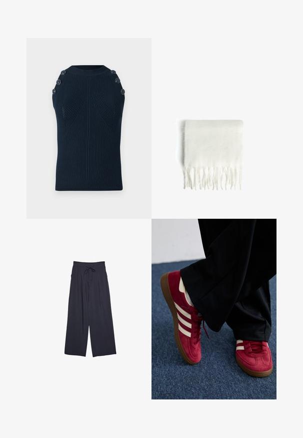 Dark navy blazer with a textured fabric, sharp lapels, and a dual-button closure. Interior features a smooth lining and brand label.; Navy sleeveless top with a ribbed texture, featuring a rounded neckline and four decorative buttons on the left shoulder.; Wide-leg pants in dark navy, featuring a textured fabric, drawstring waistband, and loose silhouette for comfort.; Red suede sneaker with white stripes, lace-up design, and textured brown rubber sole. Worn with black pants, set against blue carpet.; White fleece scarf with fringed edges, soft texture, and rectangular shape. Suitable for layering and providing warmth.