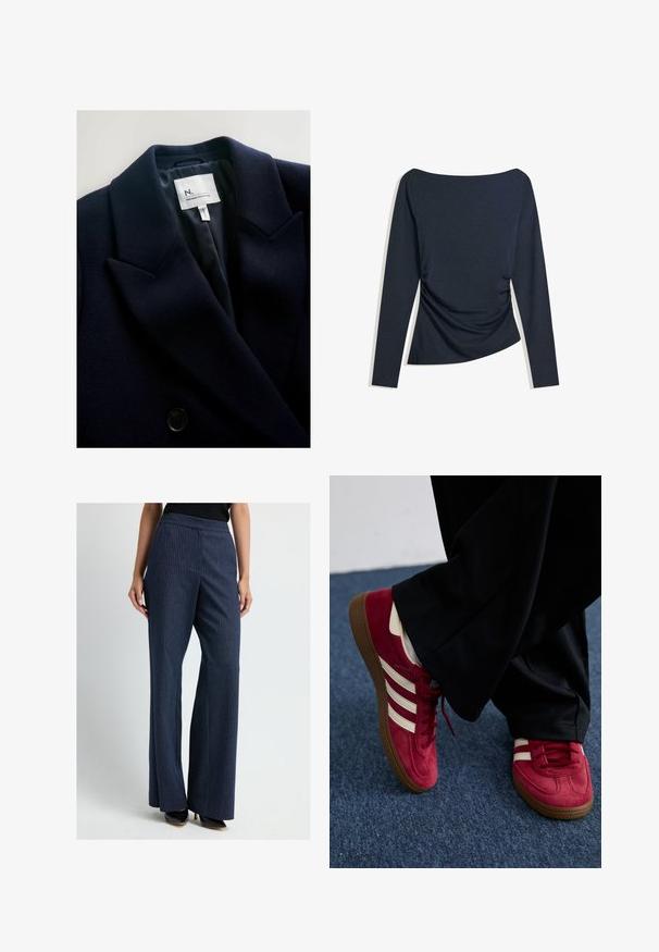 Donker marineblauwe blazer met een gestructureerde stof, scherpe revers en een dubbele knoopsluiting. De binnenkant heeft een gladde voering en een merkembleem.; Marineblauw top met lange mouwen, bootnek en ruches aan de zijkant, plat gelegd op een witte achtergrond.; Vrouw in marineblauwe pinstripe wijde broek en zwarte puntige hoge hakken, staand tegen een effen achtergrond.; Rode suède sneaker met witte strepen, vetersluiting en een gestructureerde bruine rubberen zool. Gecombineerd met zwarte broek, tegen een blauwe vloerbedekking.