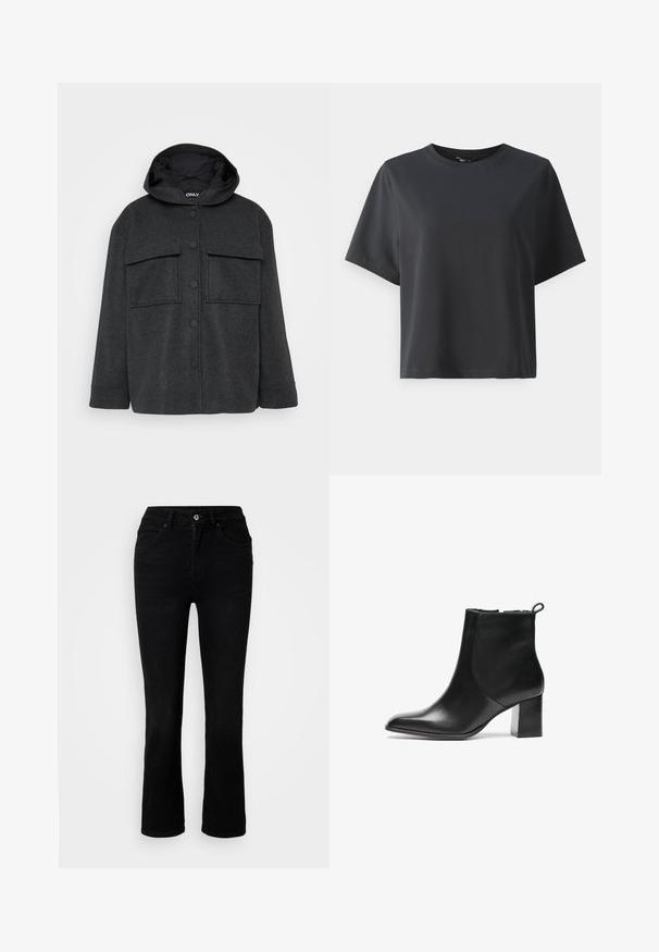 Tmavě šedá kapucínová bunda vyrobená z texturované tkaniny. Má dvě náprsní kapsy a přední zapínání na knoflíky s černými knoflíky.; Černé bavlněné tričko, krátké rukávy, kulatý výstřih, volný střih, hladká textura, jednoduchý design, bez vzorů nebo akcentů.; ONLY Petite ONLEVERLY SWEET FLARED - Džíny Bootcut - washed black; Černá kožená kotníková bota s kulatou špičkou, středně vysokým blokovým podpatkem a poutkem na zadní straně. Hladká textura, minimalistický design.