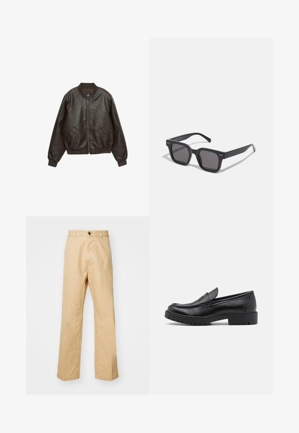 Brown leather bomber jacket with a zip closure, ribbed collar and cuffs, two front pockets, and a textured finish.; Cream-colored pullover with a collared neckline, four-button closure, wide ribbed cuffs, and hem. Soft texture, relaxed fit, and minimal design.; Khaki chinos with a straight leg fit, made from cotton fabric, featuring a front button closure and belt loops. Smooth texture, no pattern.; Black leather loafers with a rounded toe, slip-on design, and thick rubber sole featuring a textured grip. Elevated heel and subtle stitching details.; Black rectangular sunglasses with dark lenses, featuring a thick frame, subtle accents on the sides, and no visible logos beyond the brand name.; Cotton tote bag in cream with a large teal logo featuring curved lines. The bag has sturdy fabric handles for carrying.