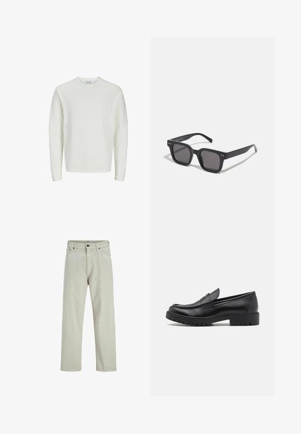 Ruskea nahkainen pommikytky, jossa on vetoketju, ribatut kaulus ja hihansuut, kaksi etutaskua ja teksturoitu pinta.; Pitkähihaista paitaa vaalea, tekstuurinen kangas. Pyöreä pääntie, saumatonta olkapäätä ja suora helma. Ei näkyviä kuvioita tai koristeita.; Vaaleanbeige farkut, joissa on suora lahje, viisikotelo-staili ja napitus vyötäröllä, joissa on vähäiset ompelu-yksityiskohdat.; Mustat nahkakengät, joissa on pyöreä varvas, kenkien helposti liukuvat mallit ja paksu kumipohja, jossa on teksturoitu pito. Korotettu kanta ja hillityt ompeluyksityiskohdat.; Mustat suorakulmaiset aurinkolasit tummilla linsseillä, joissa on paksu kehys, hienovaraiset yksityiskohdat sivuilla, eikä näkyviä logoja brändin nimen lisäksi.