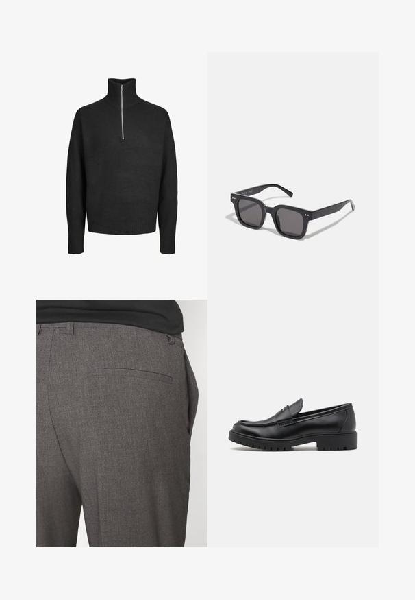 Braune Leder-Bomberjacke mit Reißverschluss, geripptem Kragen und Bündchen, zwei Fronttaschen und einer strukturierten Oberfläche.; Schwarzer Strickpullover mit hohem Kragen und halblangem Reißverschluss. Mit gerippten Bündchen und Saum sowie einem weichen, strukturierten Stoff.; Graue maßgeschneiderte Hose mit glatter Textur, ausgestattet mit einer einzigen hinteren Tasche und einem schlanken Schnitt. Der Stoff hat ein dezentes Muster.; Schwarze Lederloafers mit runder Zehenform, eleganter Schlupfdesign und dicker Gummisohle mit strukturiertem Griff. Erhöhter Absatz und dezente Nähdetails.; Schwarze rechteckige Sonnenbrillen mit dunklen Gläsern, die einen dicken Rahmen, subtile Akzente an den Seiten und keine sichtbaren Logos außer dem Markennamen aufweisen.; Baumwolltragetasche in Creme mit einem großen, türkisfarbenen Logo, das geschwungene Linien zeigt. Die Tasche hat stabile Stoffgriffe zum Tragen.
