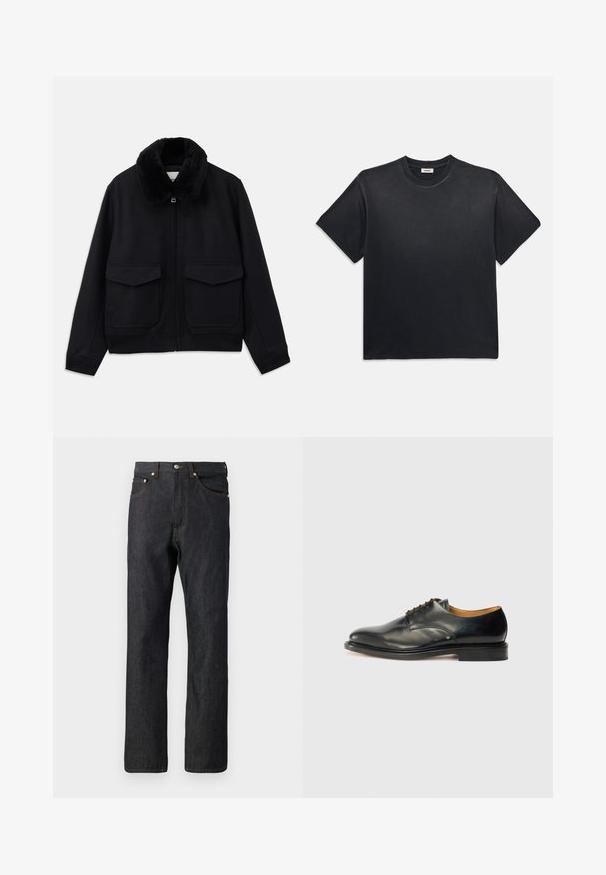 Melna bumbiera jaka ar mīkstu mākslīgo kažokādu apkakli, priekšējo rāvējslēdzēju un divām lielām kabatām. Ribota apakšdaļa un piedurknes papildina dizainu.; Melna kokvilnas T-kreklā ar apaļu kakla izgriezumu un īsām piedurknēm. Iezīmējas ar brīvu piegriezumu, gludu tekstūru un minimālistisku dizainu.; Tumši zili džinsi ar taisno kāju dizainu. Iespējas piecas kabatas, oranži diegi un pogas aizdare jostasvietā.; Melnas ādas kleitu kurpes ar gludu apdari, noapaļota purngala forma un minimālas saites. Iezīmējas ar niansētu dizainu un zemu, stabilu gumijas zoli.