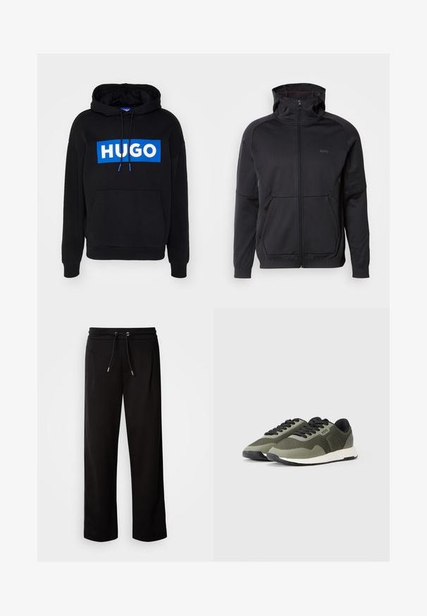Felpa nera con zip e colletto alto, realizzata in tessuto testurizzato, con due tasche frontali e dettagli del logo discreti.; Felpa nera con cappuccio con un logo rettangolare blu con "HUGO" in testo bianco, lacci regolabili e tasca frontale. Tessuto morbido, vestibilità comoda.; Pantaloni sportivi neri, morbidi e dalla vestibilità ampia, con vita elastica e cordino, e tasche laterali.; Sneakers in rete verdi con accenti neri, tomaia testurizzata, lacci piatti e suola bianca scanalata. Logo visibile sul lato.