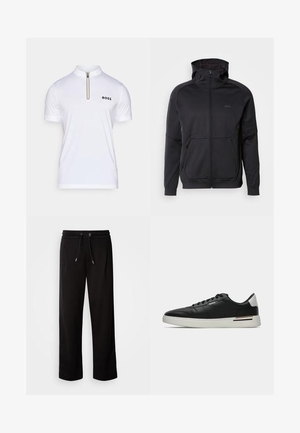 Čierna mikina na zips s vysokým golierom, vyrobená z textúrovaného materiálu, so štyrmi prednými vreckami a diskrétnym logom.; Biela polokošeľa s krátkym rukávom a stojatým golierom, s polovičným zipsom a čiernym logom. Má textúrovanú tkaninu pre priedušnosť.; Čierne, voľné teplákové nohavice vyrobené z mäkkej látky, s elastickým pásom a šnúrkou, a bočnými vreckami.; Čierne kožené tenisky s bielou podrážkou, obsahujú perforácie, šnurovací dizajn, logo na boku a kontrastné detaily na päte v bielej a hnedej farbe.