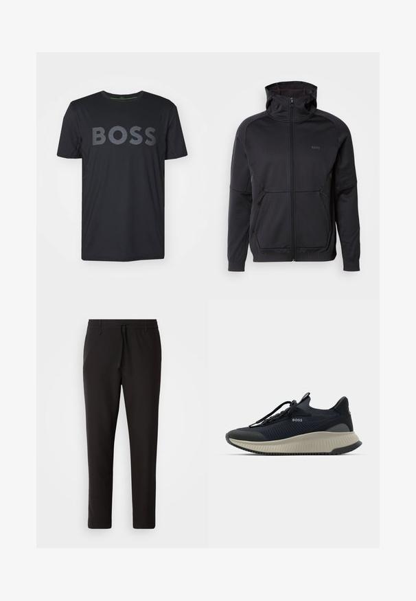 Sweatshirt preto com fecho zip, com colarinho alto, feito de tecido texturizado, apresentando dois bolsos frontais e um detalhe de logotipo discreto.; Camiseta preta de manga curta feita de tecido suave, com um logo "BOSS" proeminente num padrão riscado subtilmente ao longo do peito.; Calças de jogging pretas feitas de tecido liso. Apresentam uma cintura elástica com cordão, pernas ligeiramente ajustadas e sem bolsos visíveis. Design simples.; Shoe atlético preto com um cabedal de malha texturizada, atacadores tonais e uma sola de borracha cinza em contraste. Apresenta uma marcação discreta e um design aerodinâmico.