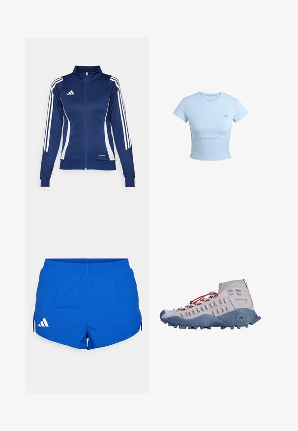 Námořnická tracková bunda s bílými pruhy, s zipem vpředu, vysokým límcem a detailem "AEROREADY" na spodním lemu; vyrobena z hladkého, elastického materiálu.; Světle modré sportovní tričko s krátkými rukávy a zkráceným střihem, žebrovanou spodní částí a jemným logem na hrudi. Hladká textura, přiléhavý design.; Modré sportovní šortky s elastickým pasem, které mají bílé logo Adidas na levé straně a postranní rozparky pro lepší pohyblivost.; Světle šedá vysoká turistická bota s červenými tkaničkami, texturovanou boční částí, modrou gumovou podešví a protiskluzovými hroty pro lepší trakci.