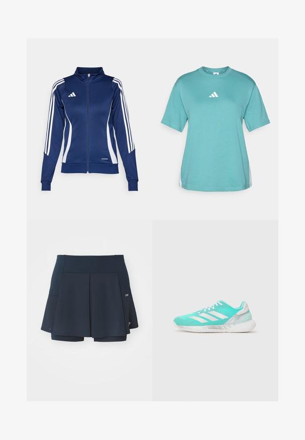 Chaqueta de chándal azul marino con rayas blancas, cierre con cremallera en el frente, cuello alto y detalle "AEROREADY" en el dobladillo; fabricada con un tejido suave y elástico.; Camiseta de algodón turquesa con mangas cortas, escote redondo y logo blanco de Adidas en el pecho. Los acentos laterales presentan rayas blancas.; Falda corta atlética azul marino con un diseño plisado, textura tejida, pantalones cortos incorporados y un pequeño bolsillo lateral para mayor comodidad.; Zapatillas deportivas turquesa con una parte superior de malla, tres rayas blancas a los lados y una suela acolchada. Presenta un diseño texturizado y puntera reforzada.