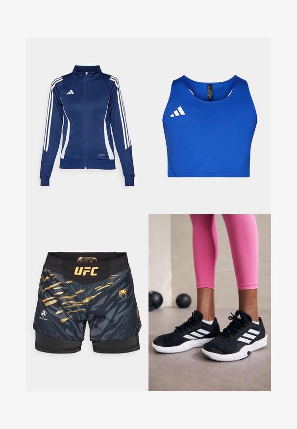 Tengerész navy zp-nyitású dzseki fehér csíkokkal, magas gallérral és "AEROREADY" részlettel az alján; sima, rugalmas anyagból készült.; Kék sportos crop top sima, rugalmas anyagból. Kerek nyakkivágással és fehér háromcsíkos logóval a bal oldalon.; Fekete vegyes harcművészeti rövidnadrág, dinamikus arany grafikai dizájnnal, UFC logóval és kényelmes elasztikus derekkal. Texturált szövet kiemelő részletek.; Fekete sportcipők fehér csíkokkal, texturált hálós felsőrésszel és fehér talppal. Rózsaszín leggings-szel viselve, bemutatva az edzőruhákat.