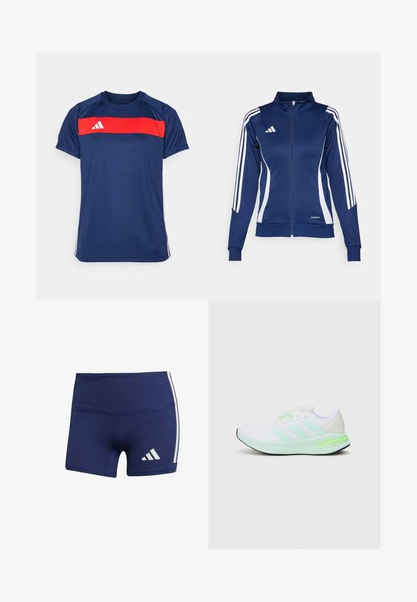 Marineblauwe trackjack met witte strepen, rits aan de voorkant, hoge kraag en "AEROREADY" detail aan de zoom; gemaakt van een gladde, rekbare stof.; Marineblauw sportt-shirt met een horizontale rode streep op de borst en drie witte strepen op de mouwen. Het materiaal is soepel en lichtgewicht.; Donkerblauwe sportshorts met een strakke pasvorm, gemaakt van gladde stof, met witte zijstrepen en een logo op de linkeronderzijde.; Witte sportieve schoen met mesh bovenkant, limoen groene accenten en zwarte zool. Dit model heeft een design met drie strepen aan de zijkant en een gewatteerde kraag.