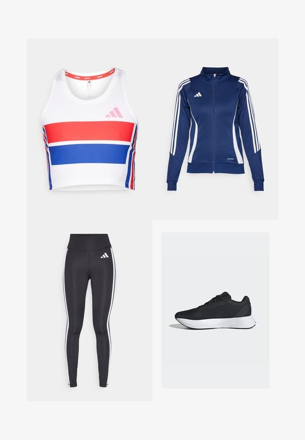 Navy track jacket with white stripes, zip front, high collar, and "AEROREADY" detail at the hem; made from a smooth, stretchy fabric.; Cropped athletic tank top in white with red and blue horizontal stripes. Features pink adidas logo, round neckline, and smooth fabric texture.; Black leggings with high waist, featuring white side stripes and a small white logo on the upper left thigh. Made from smooth, stretchy material.; Black athletic shoes with a breathable mesh upper, white midsole, and sleek, curved design; features laces and a sturdy rubber outsole.