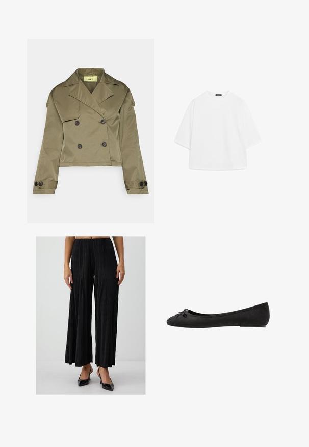 Olijfgroene cropped jack van gladde stof, met een dubbelzijdig ontwerp, grote zwarte knopen en brede revers.; Witte oversized t-shirt van zachte katoen. Heeft korte mouwen, een ronde halslijn en een ontspannen pasvorm zonder zichtbare patronen of accenten.; Zwarte geplooide wijde broek met een elastische tailleband, voorzien van verticale lijnen en een gladde textuur, gecombineerd met zwarte puntige hakken.; Zwarte suède ballerina's met een ronde neus, voorzien van een decoratieve strik aan de voorkant en een platte zool. Glad textuur en klassieke vorm.