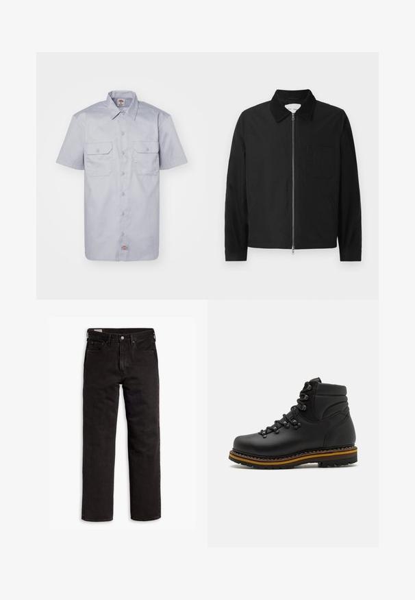 Fekete, hosszú ujjú, zipzáras dzseki gallérral, egy mellzsebbel és két oldalsó zsebbel, fehér háttéren bemutatva.; Rövid ujjú, világosszürke pamut póló, amelyet hegyes gallér, két elülső zseb és gombos záródás jellemez.; Fehér pamut póló rövid ujjakkal, kerek nyakkal és diszkrét Levi's logóval a középen. Puha tapintású és szabványos szabású.; Fekete egyenes szárú farmernadrág öt zsebbel, gombos záródással és övhurkokkal, fehér háttéren elhelyezve.; Fekete bőr túracipő kerek orral, masszív fűzővel, párnázott nyakkal és kontrasztos barna-fekete réteges talppal. Texturált felsőrész.